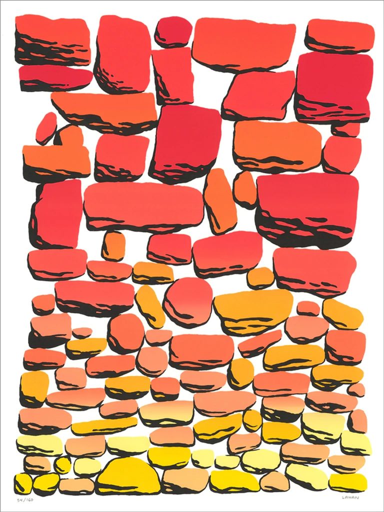 An abstract illustration of a stacked stone wall in a yellow-to-red gradient